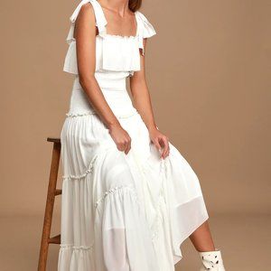 Like a Fairy Tale White Smocked Tie-Strap Tiered Maxi Dress